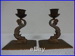 PAIR OF VINTAGE Heavy Brass Fish Candle Holders 6-1/4 tall