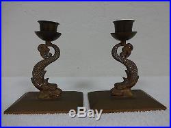 PAIR OF VINTAGE Heavy Brass Fish Candle Holders 6-1/4 tall