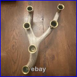 PAIR Of ANTIQUE DEER ANTLER CANDLE HOLDERS WITH BRASS