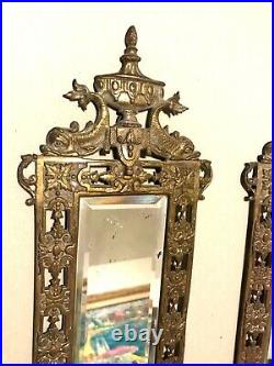 PAIR Ornate Rococo Bronzed Brass Victorian Mirror Wall Sconces Candleholders