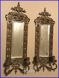 PAIR Ornate Rococo Bronzed Brass Victorian Mirror Wall Sconces Candleholders