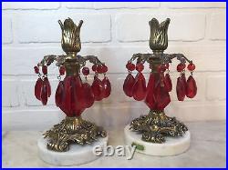 PAIR Vintage Hollywood Regency Brass Marble Red Lucite Prisms Candlestick Holder