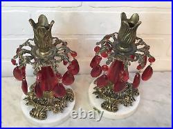 PAIR Vintage Hollywood Regency Brass Marble Red Lucite Prisms Candlestick Holder