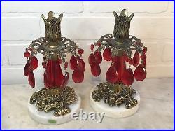 PAIR Vintage Hollywood Regency Brass Marble Red Lucite Prisms Candlestick Holder