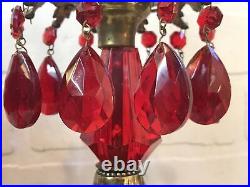 PAIR Vintage Hollywood Regency Brass Marble Red Lucite Prisms Candlestick Holder