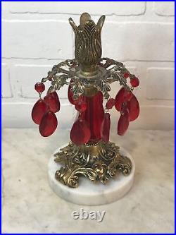 PAIR Vintage Hollywood Regency Brass Marble Red Lucite Prisms Candlestick Holder