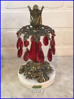 PAIR Vintage Hollywood Regency Brass Marble Red Lucite Prisms Candlestick Holder