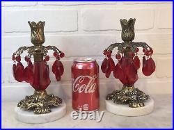 PAIR Vintage Hollywood Regency Brass Marble Red Lucite Prisms Candlestick Holder