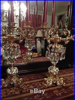 PAIR Vintage brass 3 arm candelabra prisms Hollywood Regency gorgeous huge 16