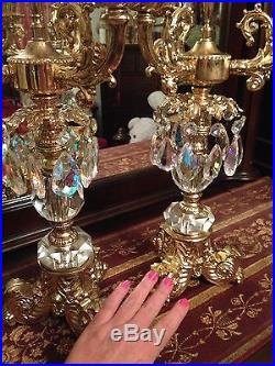 PAIR Vintage brass 3 arm candelabra prisms Hollywood Regency gorgeous huge 16