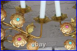 PAIR antique Church altar brass metal stones Candle holders candelabras rare