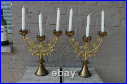 PAIR antique french neo gothic brass church altar candelabras candle holder