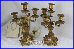 PAIR french antique brass porcelain plaques candelabras candle holders