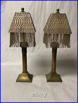 PAIR of ANTIQUE MINIATURE OIL LAMPS CANDLE HOLDERS PIERCED BRASS BEADED SHADES