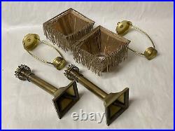PAIR of ANTIQUE MINIATURE OIL LAMPS CANDLE HOLDERS PIERCED BRASS BEADED SHADES