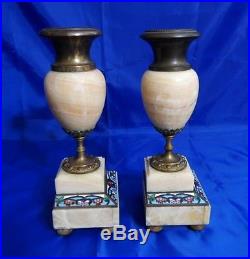 PAIR of Atq BRONZE, BRASS & MARBLE CANDLE HOLDERS / BOOKENDS, French Cloisonne