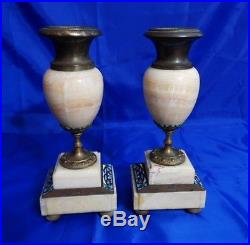 PAIR of Atq BRONZE, BRASS & MARBLE CANDLE HOLDERS / BOOKENDS, French Cloisonne