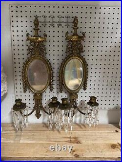 PAIR of Mid Century Solid Brass Mirrored Wall Sconces w prisms