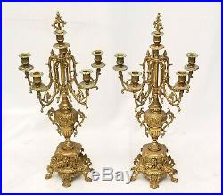 PAIR of VINTAGE LIBERACE STYLE BAROQUE SIGNED ITALIAN 5 ARM BRASS CANDELABRA