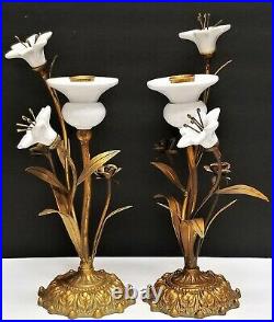 PR Antique French Gilt Brass Church Altar Candelabras Porcelain Lily Tole