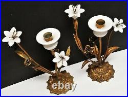 PR Antique French Gilt Brass Church Altar Candelabras Porcelain Lily Tole