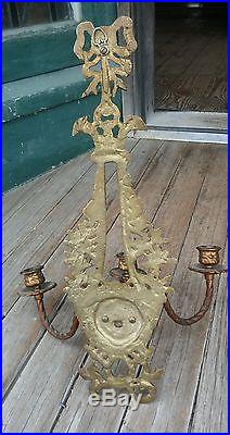 Pr Of Antique Figural 3 Arm Brass Candle Sconces