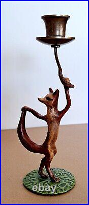 Painted Dancing Fox holding a Duck Head Candle Holder Vintage