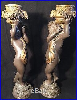 Pair 16 Antique Newel Post Brass Cherub Candlesticks Candle Holder Rams Head