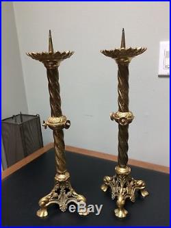 Pair 18 Brass Church Candlesticks Candle Holder Altar Spike End Tripod Legs