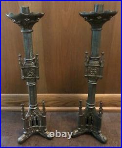 Pair 18 Brass Gothic Church Altar Candlesticks Candle Holders Original Patina