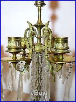 Pair 1800's antique Victorian ornate brass cut crystal candelabra candle holders