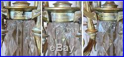 Pair 1800's antique Victorian ornate brass cut crystal candelabra candle holders