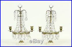 Pair 1900 Antique Candelabra, Marble, Brass & Crystal Candleholders