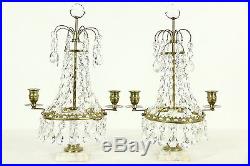 Pair 1900 Antique Candelabra, Marble, Brass & Crystal Candleholders