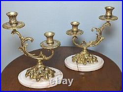 Pair (2) Vintage MCM Rococo Brass Candlesticks Holders With Pink Marble Bases