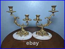 Pair (2) Vintage MCM Rococo Brass Candlesticks Holders With Pink Marble Bases