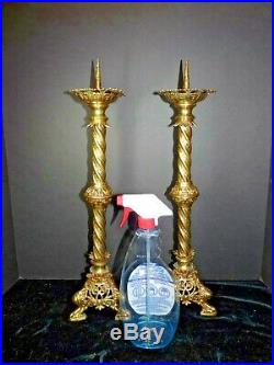 Pair 20 Gothic Cast Pierced Ecclesiastical Altar Candle Holder Pricket Brass