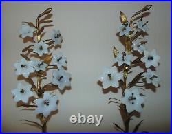 Pair 32 French Brass Mantle Garnitures with Milk Glass Lilies Flowers Floral Ur