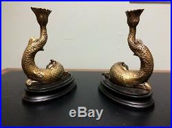 Pair 9 Brass Figural Dolphin Candlesticks Candle Holders