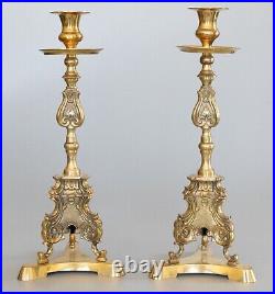 Pair Antique 1920s Art Nouveau French Brass Altar Cathedral Candlesticks 16.75H