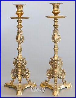 Pair Antique 1920s Art Nouveau French Brass Altar Cathedral Candlesticks 16.75H