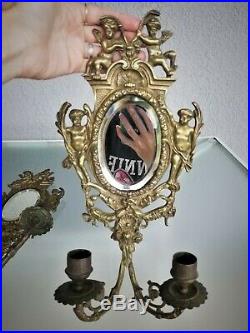 Pair Antique Brass Cherub Mirror Sconces Candle Holder Putti Neoclassical