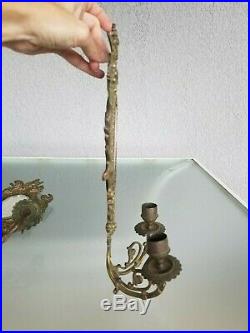 Pair Antique Brass Cherub Mirror Sconces Candle Holder Putti Neoclassical