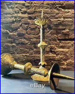 Pair Antique Brass Church Alter Candlesticks / Candle Holders Ecclesiastical