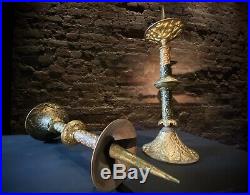 Pair Antique Brass Church Alter Candlesticks / Candle Holders Ecclesiastical