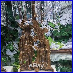 Pair Antique Brass Figural Candle Holders Girandoles Crystal Prisms Marble Bases