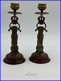 Pair Antique Brass Figural Lion Protectors Statue Candlesticks Marble