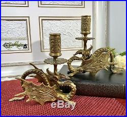 Pair Antique Brass Oriental Dragon / Griffin Candle Holders Vintage collectible