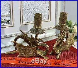 Pair Antique Brass Oriental Dragon / Griffin Candle Holders Vintage collectible