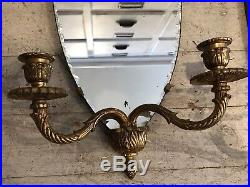 Pair Antique Brass Wall Sconce Candle Holders Distressed Beveled Mirrors Spain